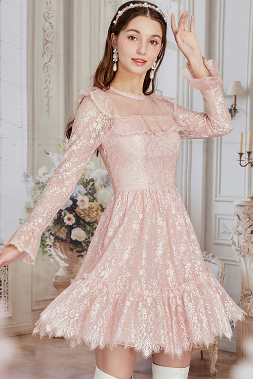 Rose Antique Lace Rounded Neck Floral Embroidery Flared Sleeves Asymmetric Hem Sweet Lolita One-Piece