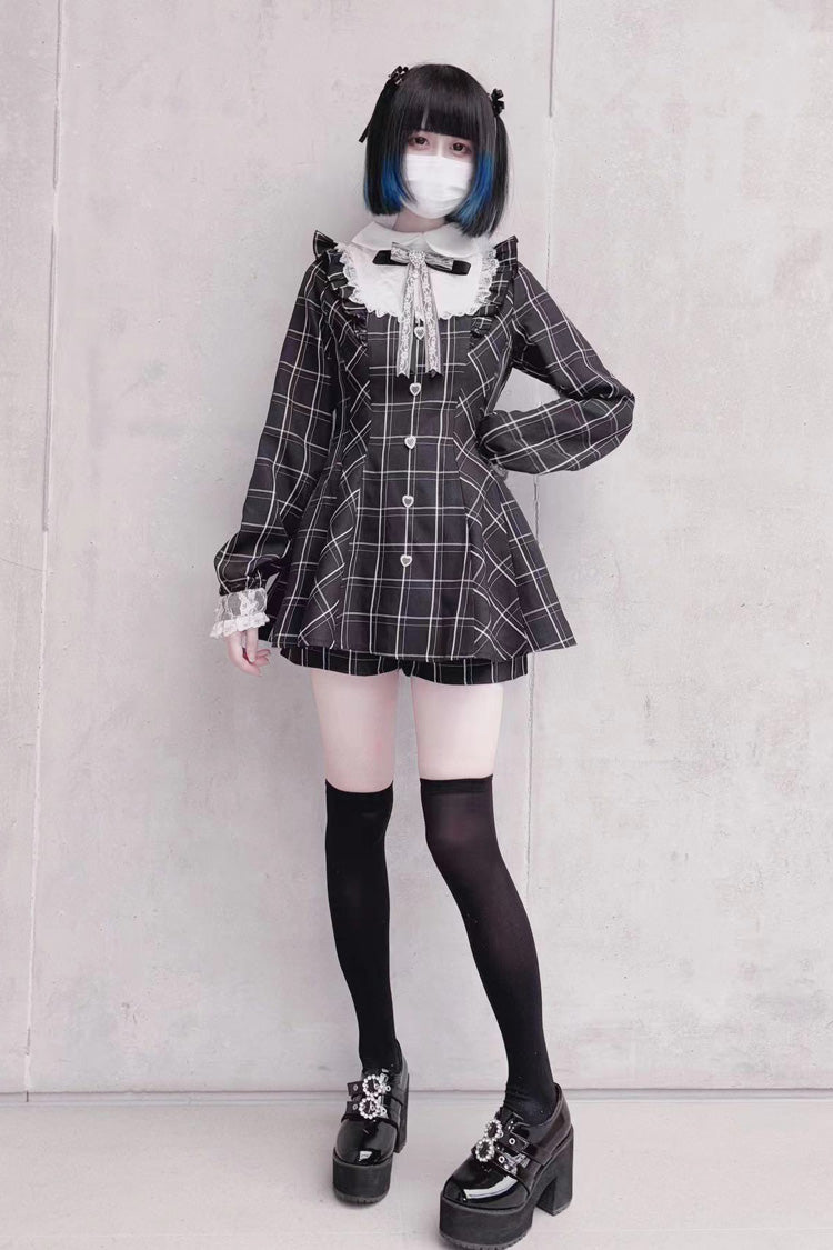 Heart-beating Limited Plaid Print Bowknot Lace Gothic Jirai Kei Dress Set - Black/White