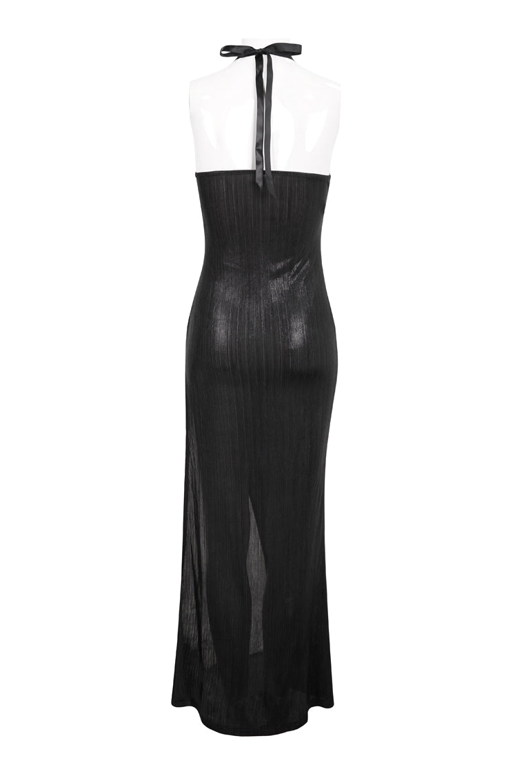 Punk Dress with Cutout Chain Halter Lace High Slit Long