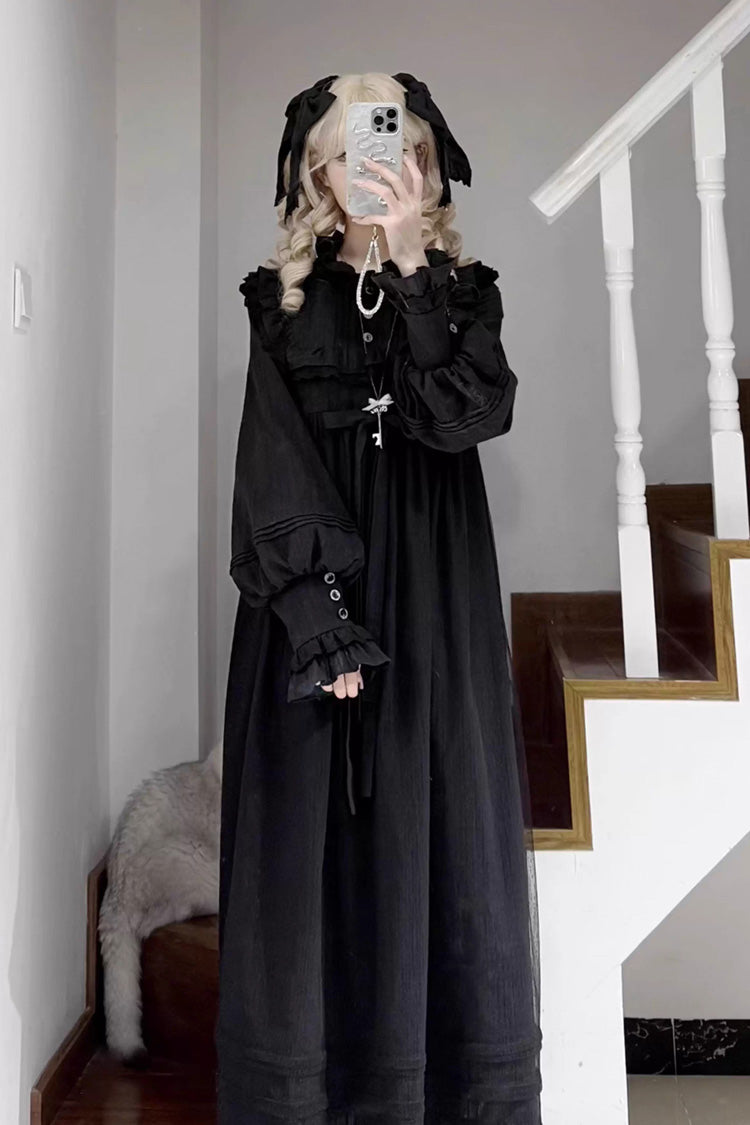 Black Gothic Nightgown with Ruffled Bow and Long Sleeves