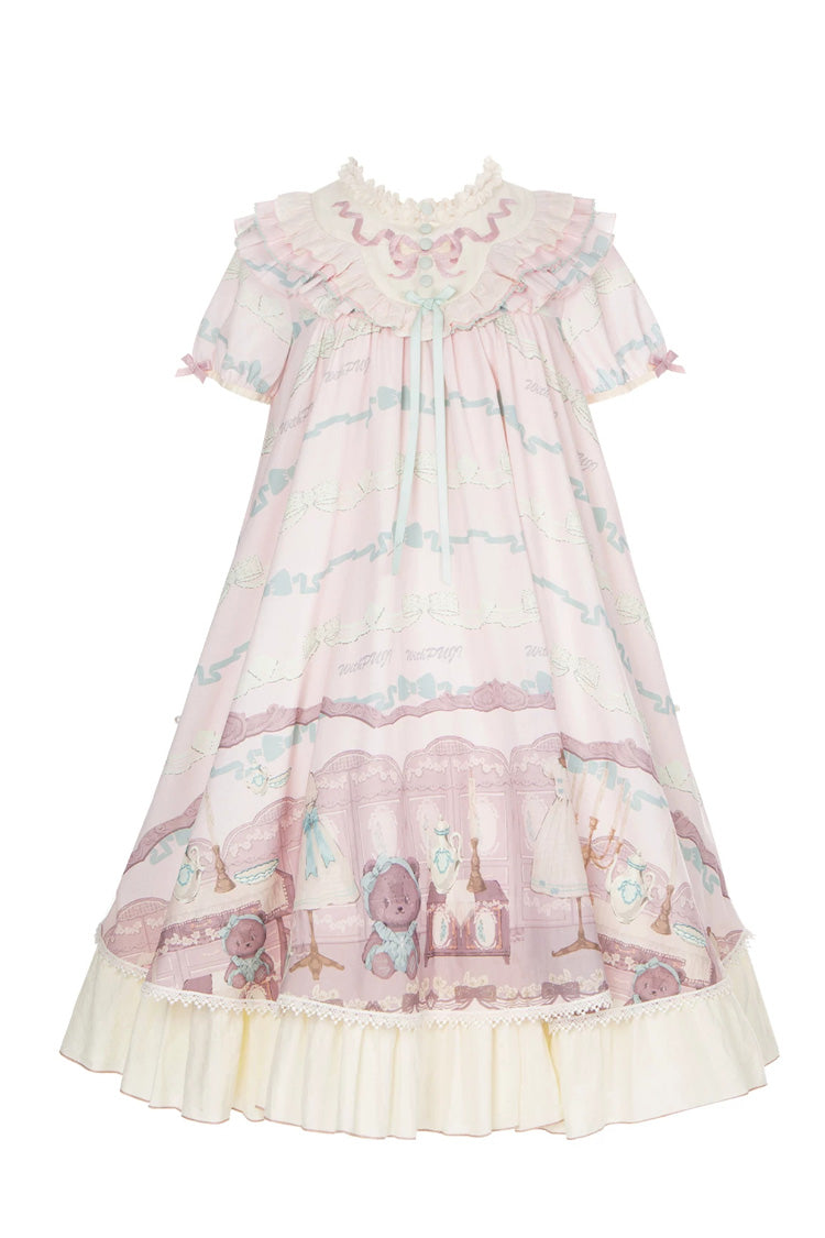 Brown Dollhouse Short Sleeves Bear Printed Ruffled Bow Sweet Lolita Dress Set - Pink