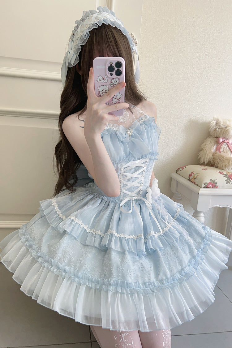 Light Blue Sweet Lolita JSK Halterneck Triple Layered Bowknot Lace