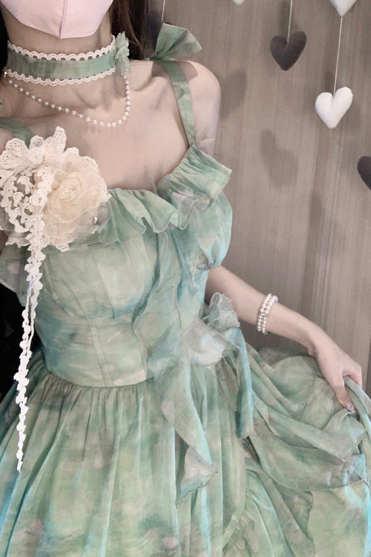 Green Sweet Lolita JSK Long Dress with Print and Ruffle Bowknot Style
