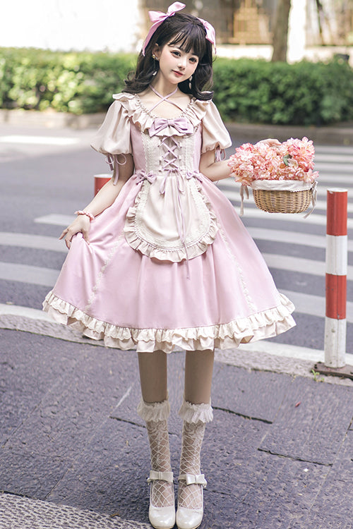 Sweet Lolita OP Dress - Puff Sleeve, Bowknot, High Waist