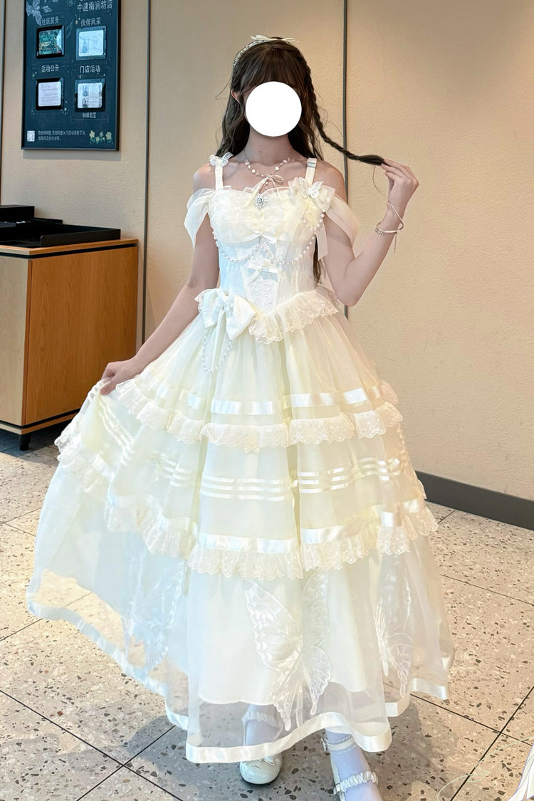 Apricot Elegant Princess Lolita JSK Dress with Triple-Layer Jacquard Ruffles Bowknot and Lace