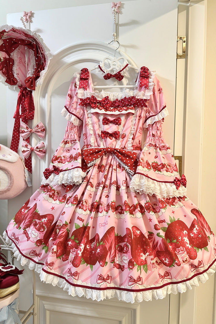 Strawberry Gift Box Pink Short Sleeves Print Ruffle Bowknot Lace Sweet Dress