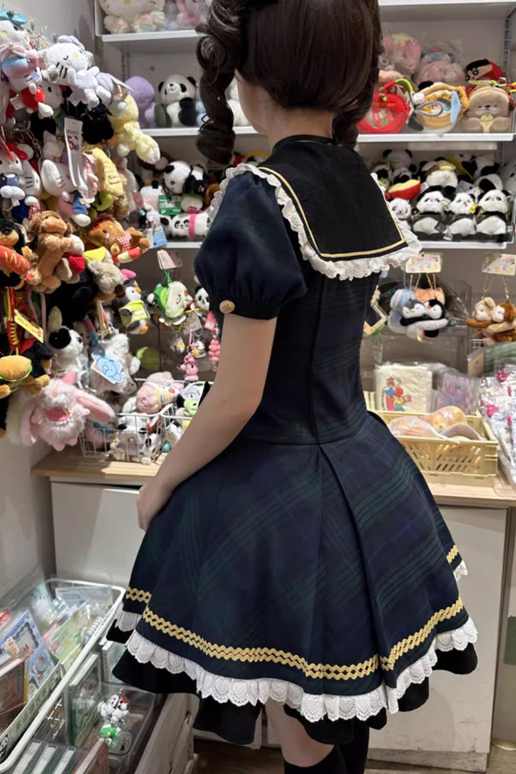 Blue Dalmatian Short Sleeves Print Ruffle Bowknot Slim Sweet Lolita Dress