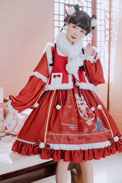 Scarlet Lion Hydrangea Print Bow Multi-Layer Ruffled Lolita OP
