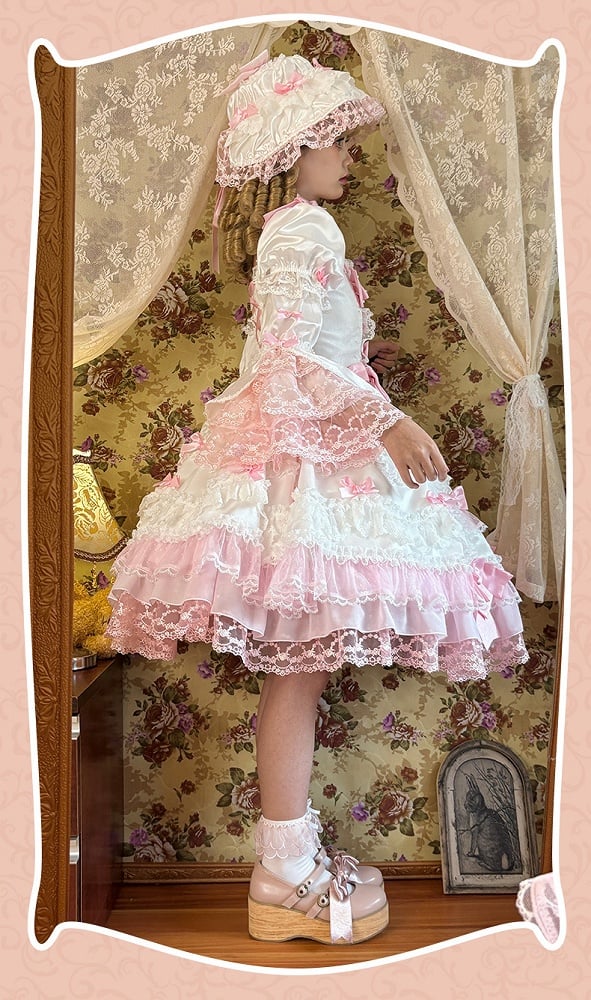 with Sweet Accents High Sleeves White Pink Waist Dress Princess Detachable Bow Lolita
