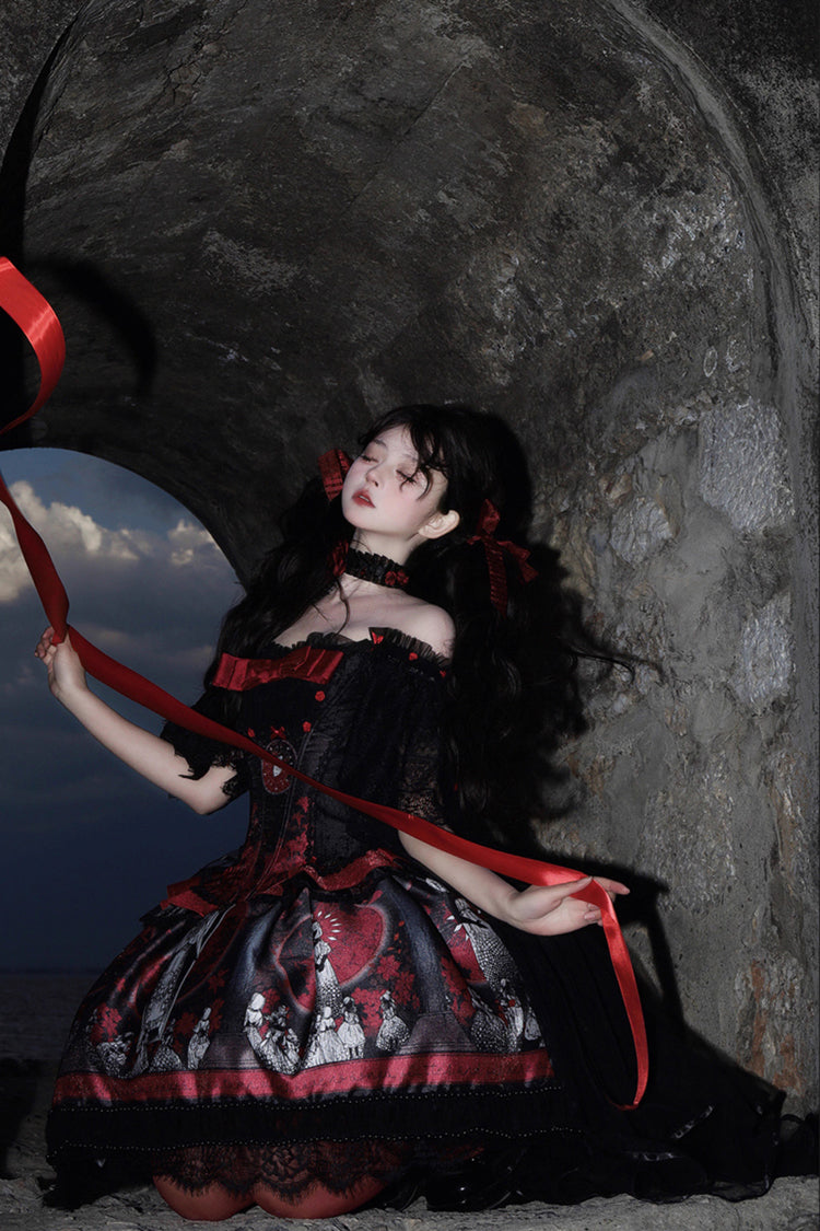 Red Printed Embroidered Gothic Lolita Skirt Dress