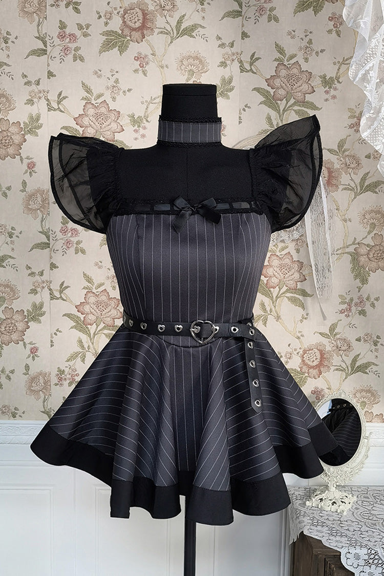 Grey Striped Ruffled Bow Gothic Japanese Maid Lolita Dress