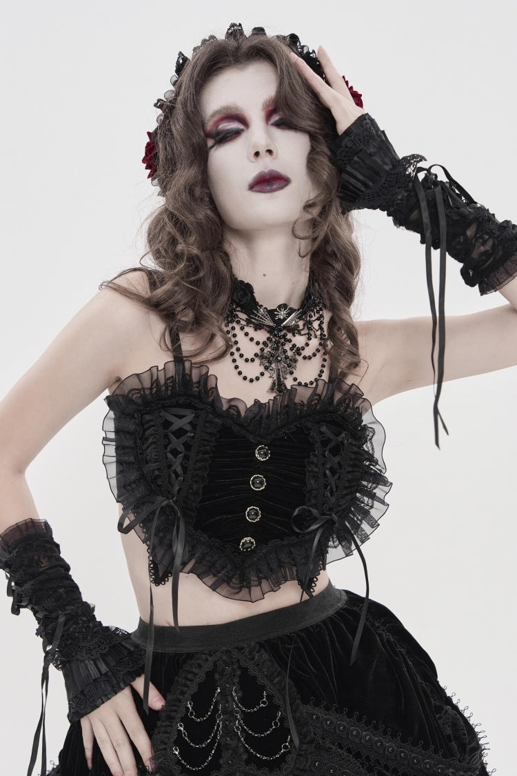 Dark Ruffled Corset with Bow Accents and Off-Shoulder Design
