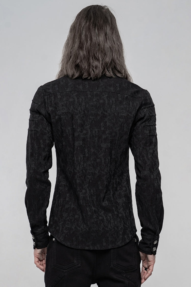 Jet-Black Punk Shirt with Skull Buttons and Jacquard Weave for Men