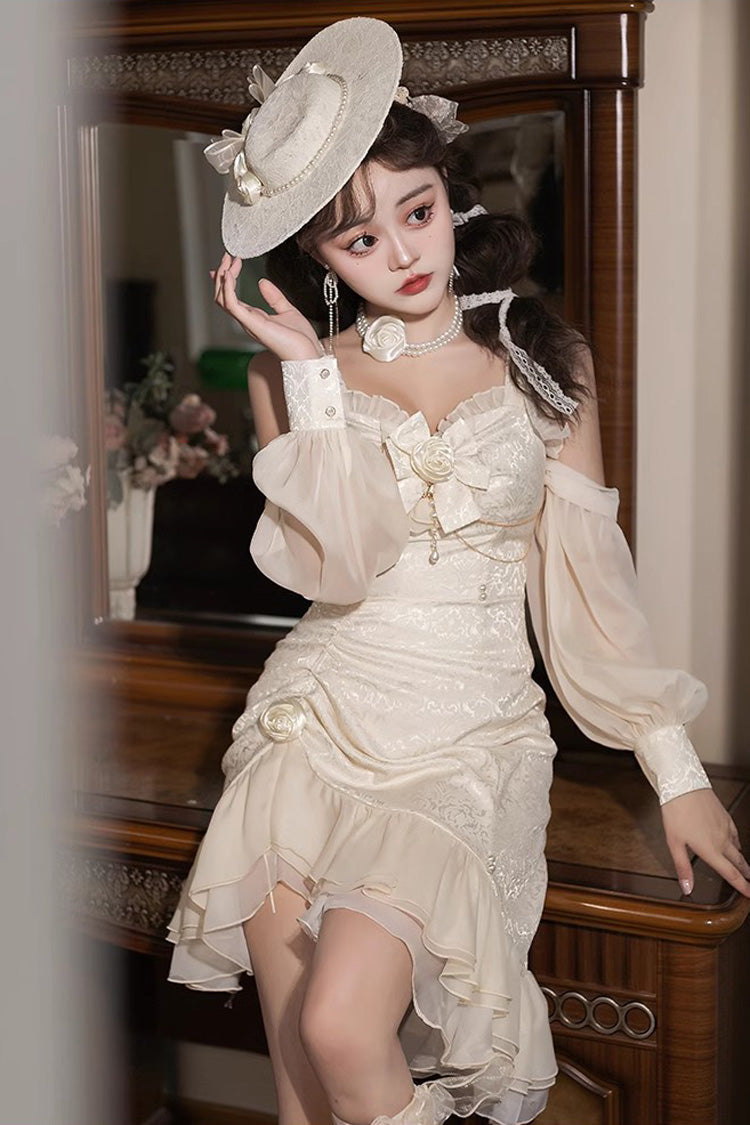 Camellia 2.0 Champagne Sleeveless Jacquard Asymmetric Lace Sweet Fishtail JSK Dress
