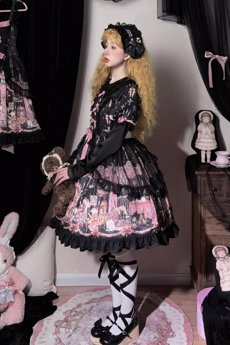 Black Missing Lamb Printed Long Sleeved Ruffled Bow Lace Gothic Lolita Dress