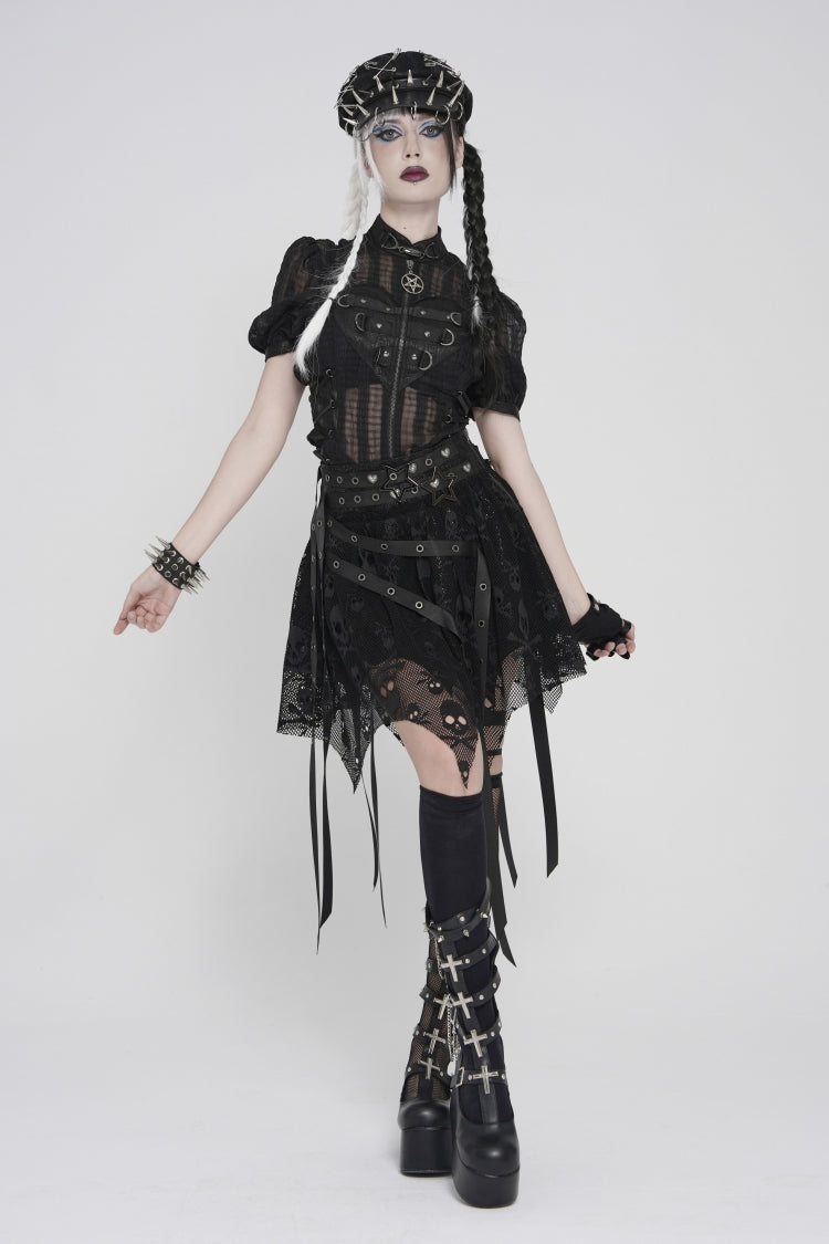 Punk Skirt with Mesh Eyelet, Lace-Up & Double-Layered Irregular Design