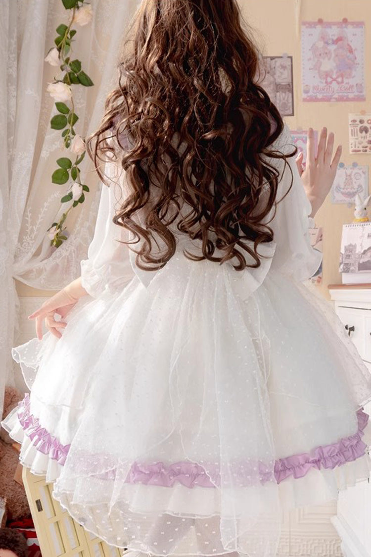 Ivory and Purple Song of Mist and Gauze Ruffled Ribbon Sweet Lolita Dress