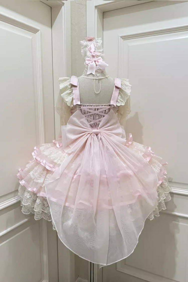 Pink Rose Feather Waltz Sleeveless Triple-Layer Ruffle Bow Lace Ballet Lolita Jumper