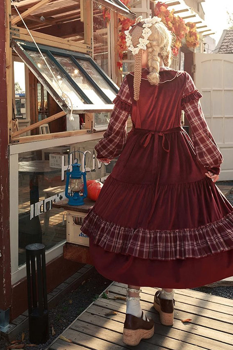 Red Velvet Plaid Printed Bow Christmas Sweet Lolita Dress