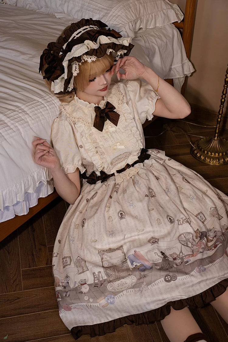 Cream Forest Tailor Shop Stand Collar Short Sleeve Printed Bow Frilled Sweet Lolita Dress