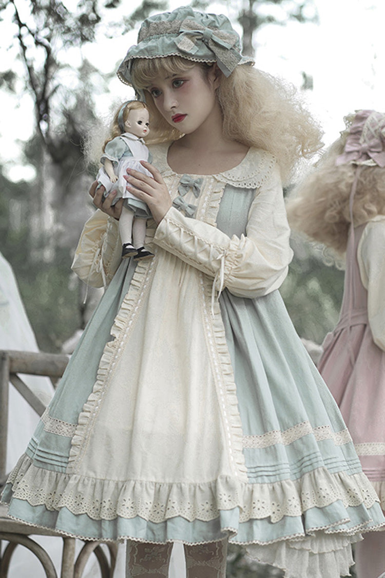 Retro Sweet Lolita OP Dress Doll Collar Long Sleeved Ruffled Cotton - Altfashion Shop