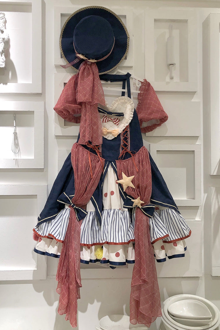 Multicolor Circus Print Puff-Sleeved Lolita Dress with Bow Accents