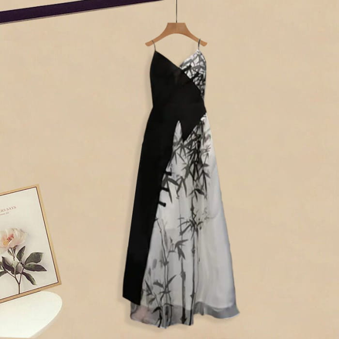 Black Vintage Cardigan Wash Painting Slip Dress - M