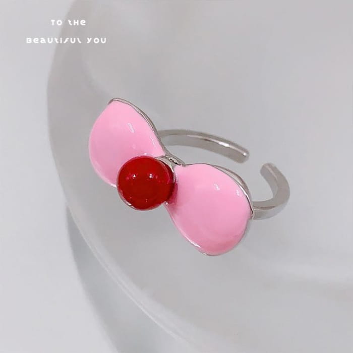 Bow / Heart Gemstone Open Ring - Pink - Silver / One Size