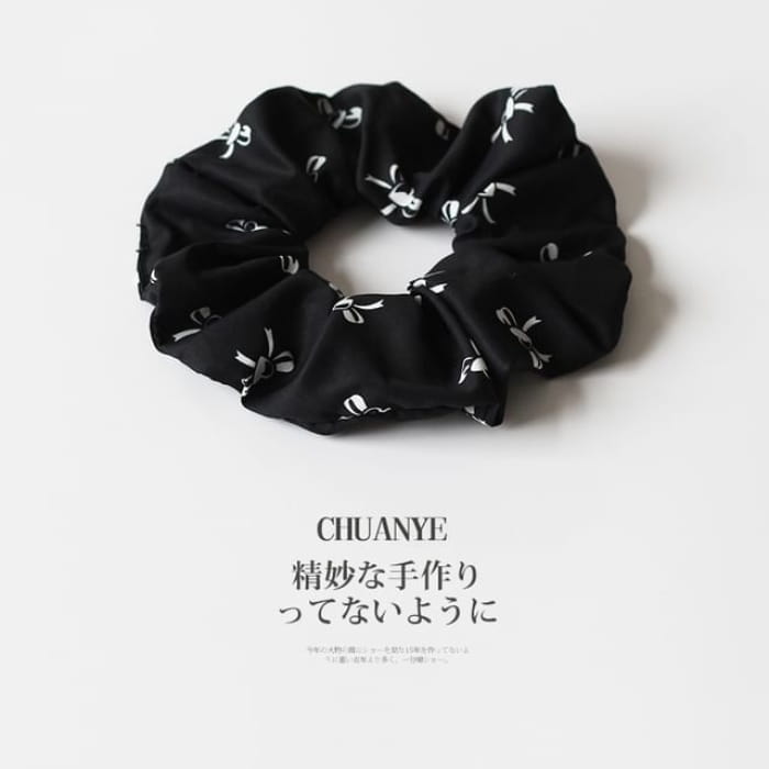 Bow / Houndstooth Print Fabric Scrunchie - Type 02 - Black