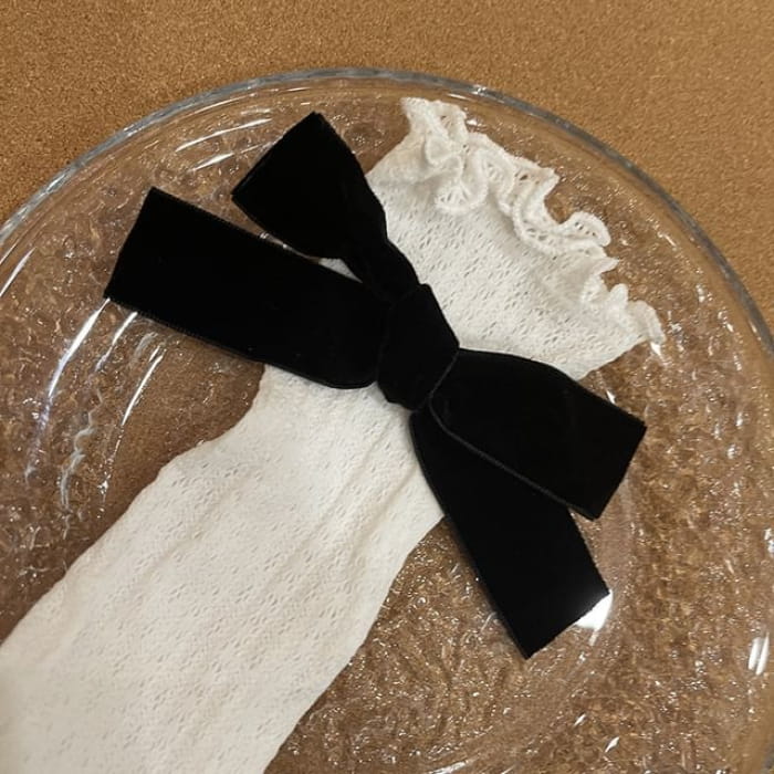 Bow Lettuce Edge Tall Socks - Black - White / One Size