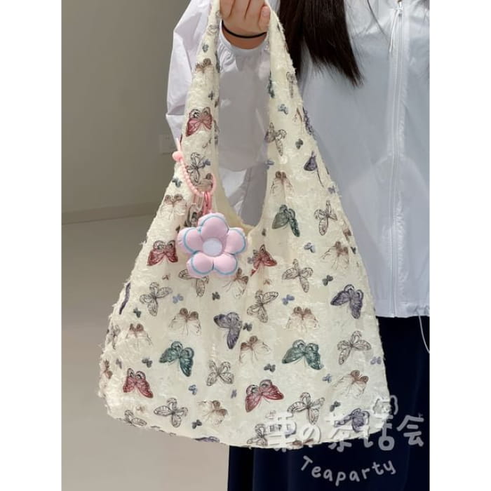 Butterfly Print Tote Bag / Charm / Set - With Pink Flower