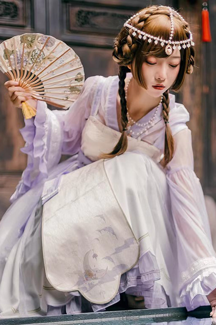 Chinese Style Lolita JSK Dress with Oriole Print and Ruffles - Night and the Oriole, 2 Tones