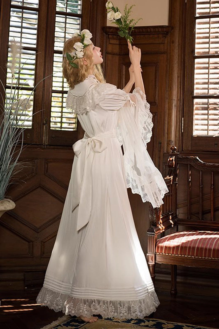 White Long Trumpet Sleeve Lace Sweet Elegant Princess Dress