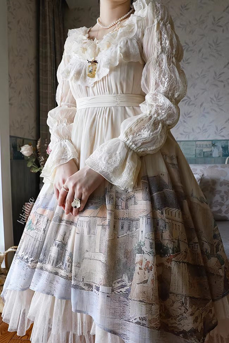 Irregular Apricot Layered Print Sweet Lolita JSK Dress