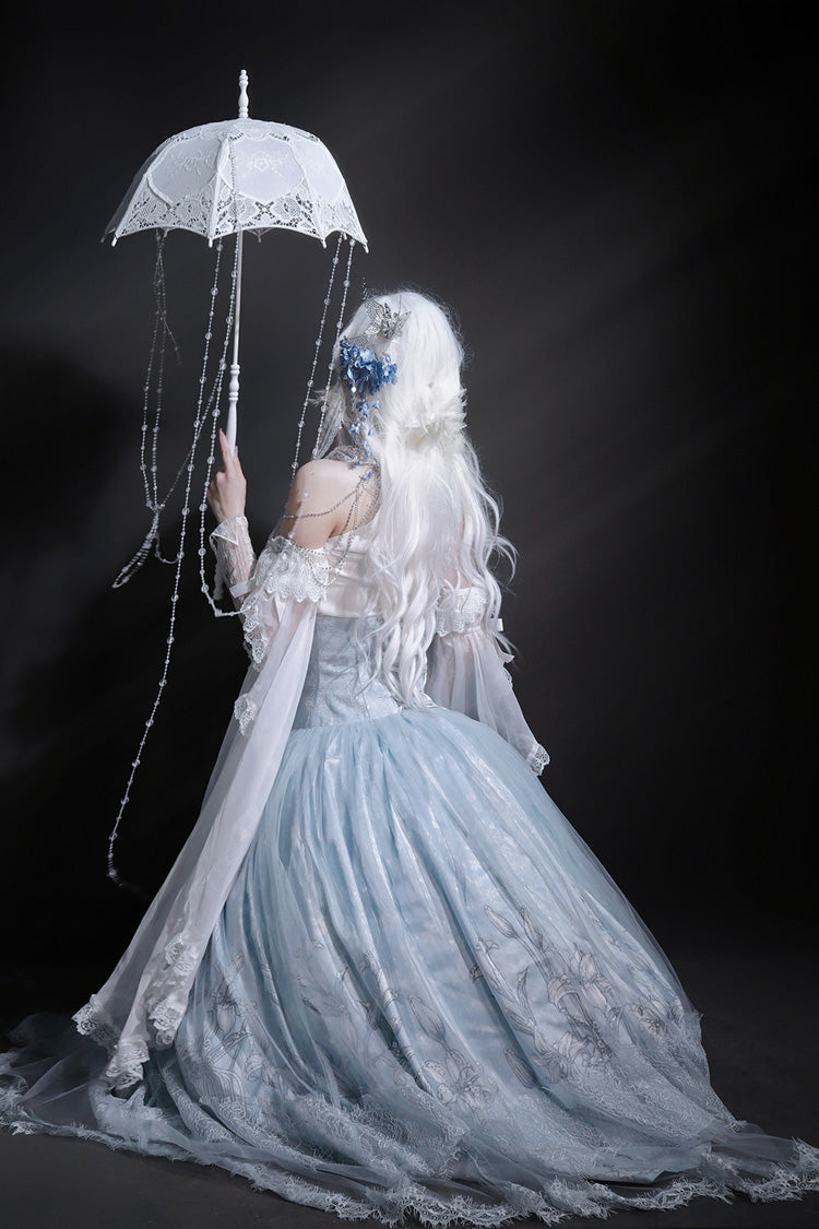 Snow Lily Print Ruffle Hanayome Embroidery Lace-Up Elegant Princess Lolita Skirt Set in Blue