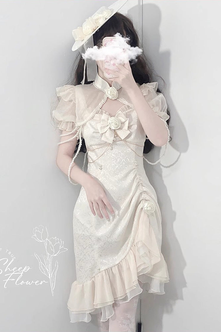 Camellia 2.0 White Sleeveless Jacquard Asymmetric Lace Sweet Fishtail JSK Dress