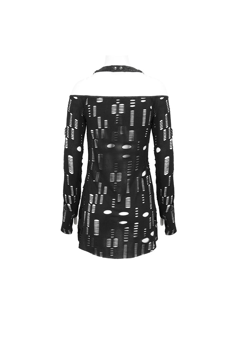 Gothic T-Shirt with Ripped One-Shoulder Halter Rope & Long Sleeve