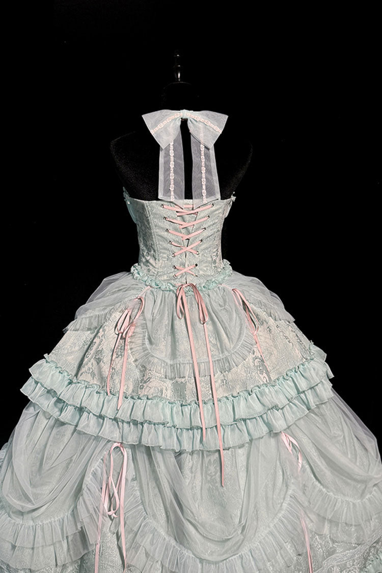 Green Cross Halterneck Lace-Up Sweet Lolita Dress - Ruffled Bowknot Lace