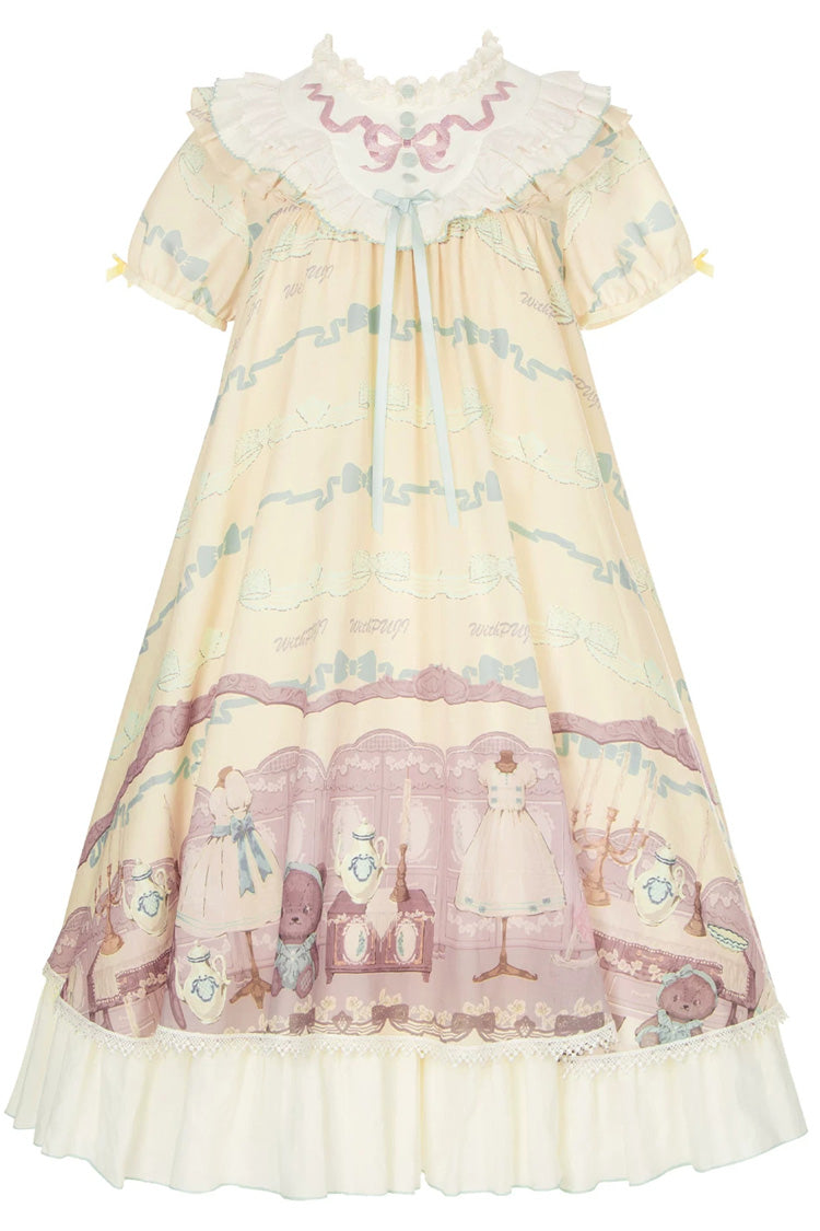 Brown Dollhouse Short Sleeves Bear Printed Ruffled Bow Sweet Lolita Dress Set - Yellow