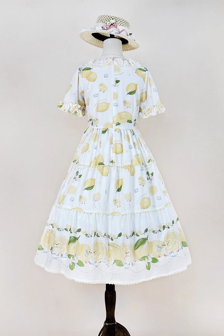 Ivory Casual Print Ruffle Bow Lace Sweet Dress