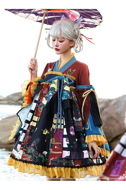 Multicolor OP Dress - Japanese Fox Trick Print Sweet Lolita