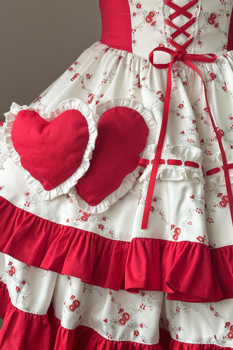 Red Double-Layered Floral Print Ruffled Bowknot Sweet Dress