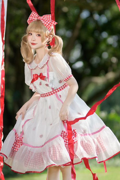 Ivory and Red Round Collar Short Sleeve High-Waist Strawberry Print Sweet Lolita Dress