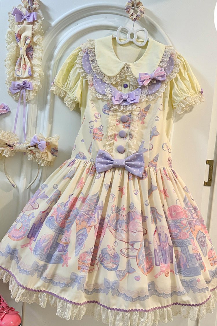 Cream Soda Mermaid Print Yellow Bow Lace Sweet Lolita Strap Dress