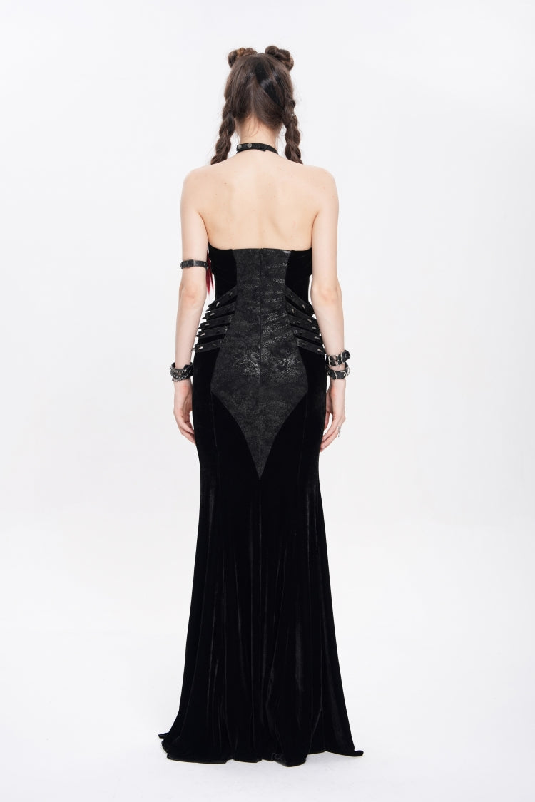 Edgy Black Chain-Strap Sleeveless Rivet Halter Punk Dress