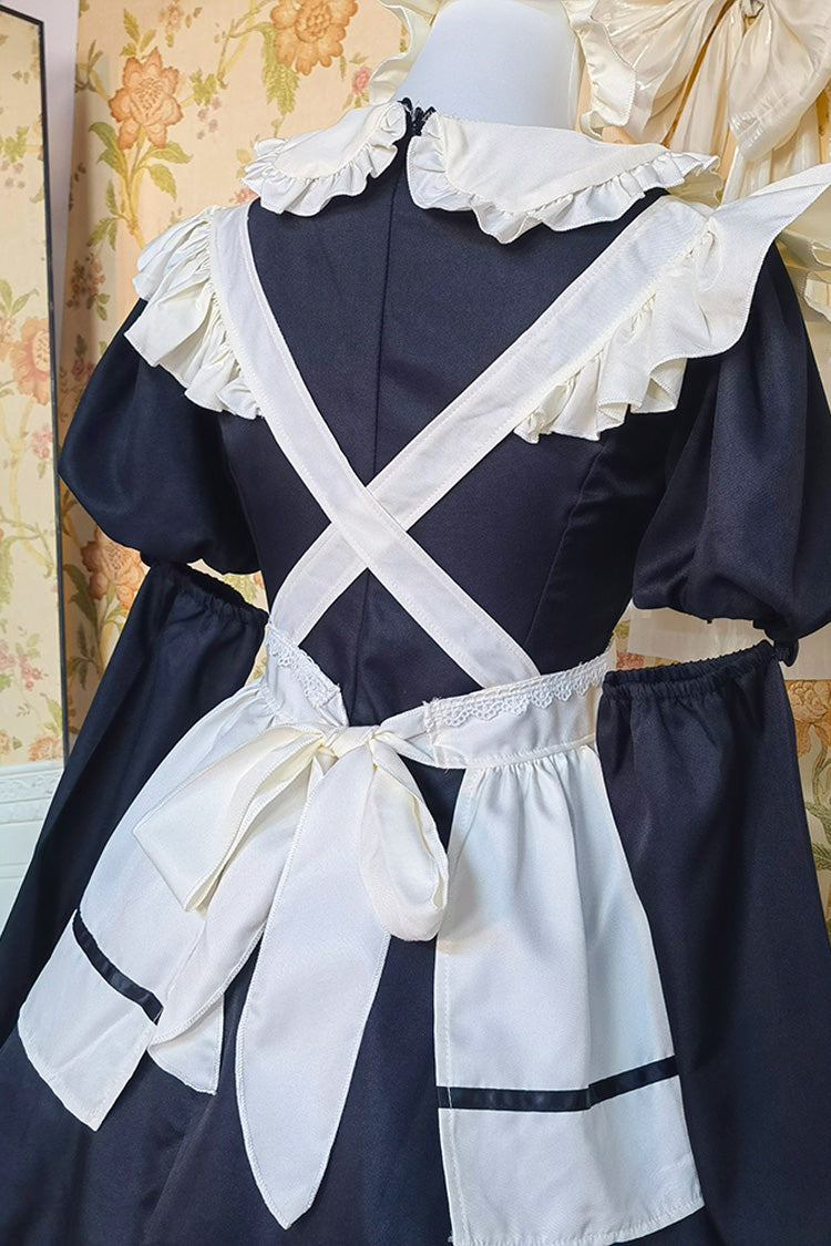 Black/White Short Sleeve Ruffled Bow Lace Plus Size Maid Dress