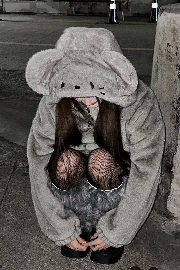 Grey Mouse-Ear Hooded Zip-Up Gothic Jirai Coat
