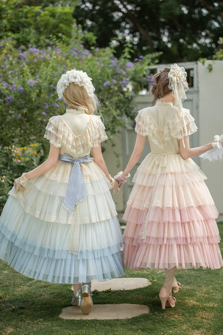 Sweet Lolita Dress with Edwardian Collar and Ombre Ruffles - Pink