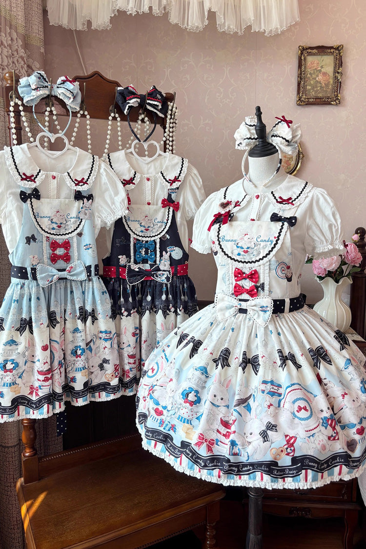 Sleeveless Print Bowknot Lace Sweet Lolita Strap Dress Beige
