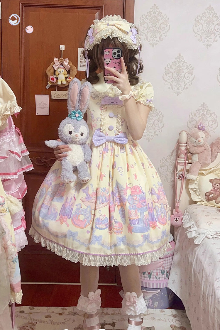 Cream Soda Mermaid Print Yellow Bow Lace Sweet Lolita Jsk Dress